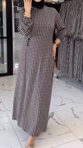 Robe Longue Pied-de-Poule à Boutons Épaule