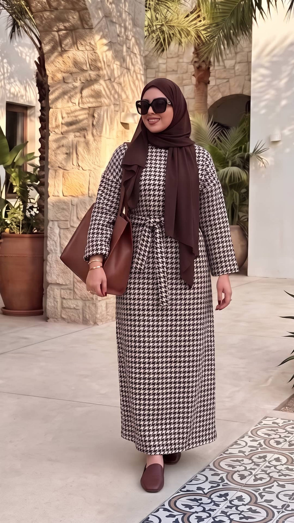 Robe Longue Flanelle Pied-de-Poule avec Ceinture