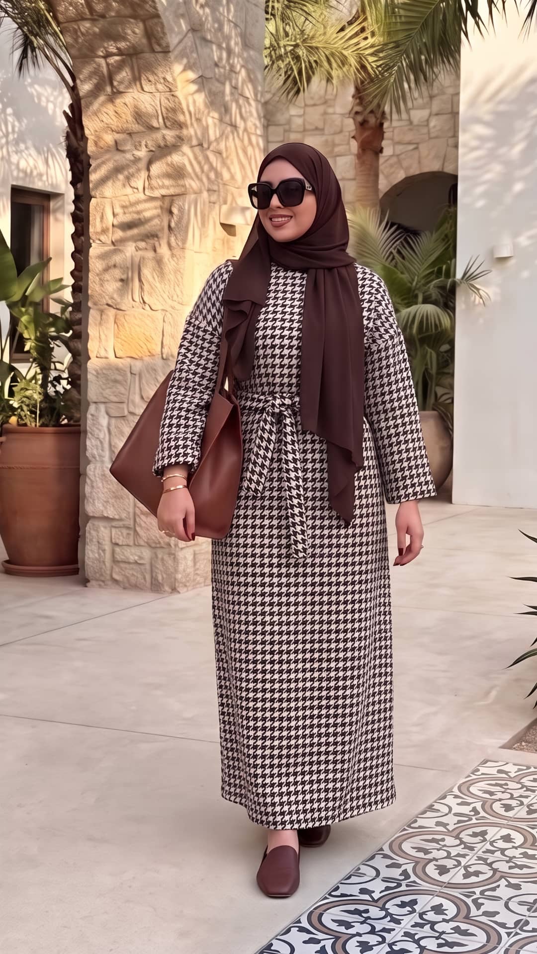 Robe Longue Flanelle Pied-de-Poule avec Ceinture