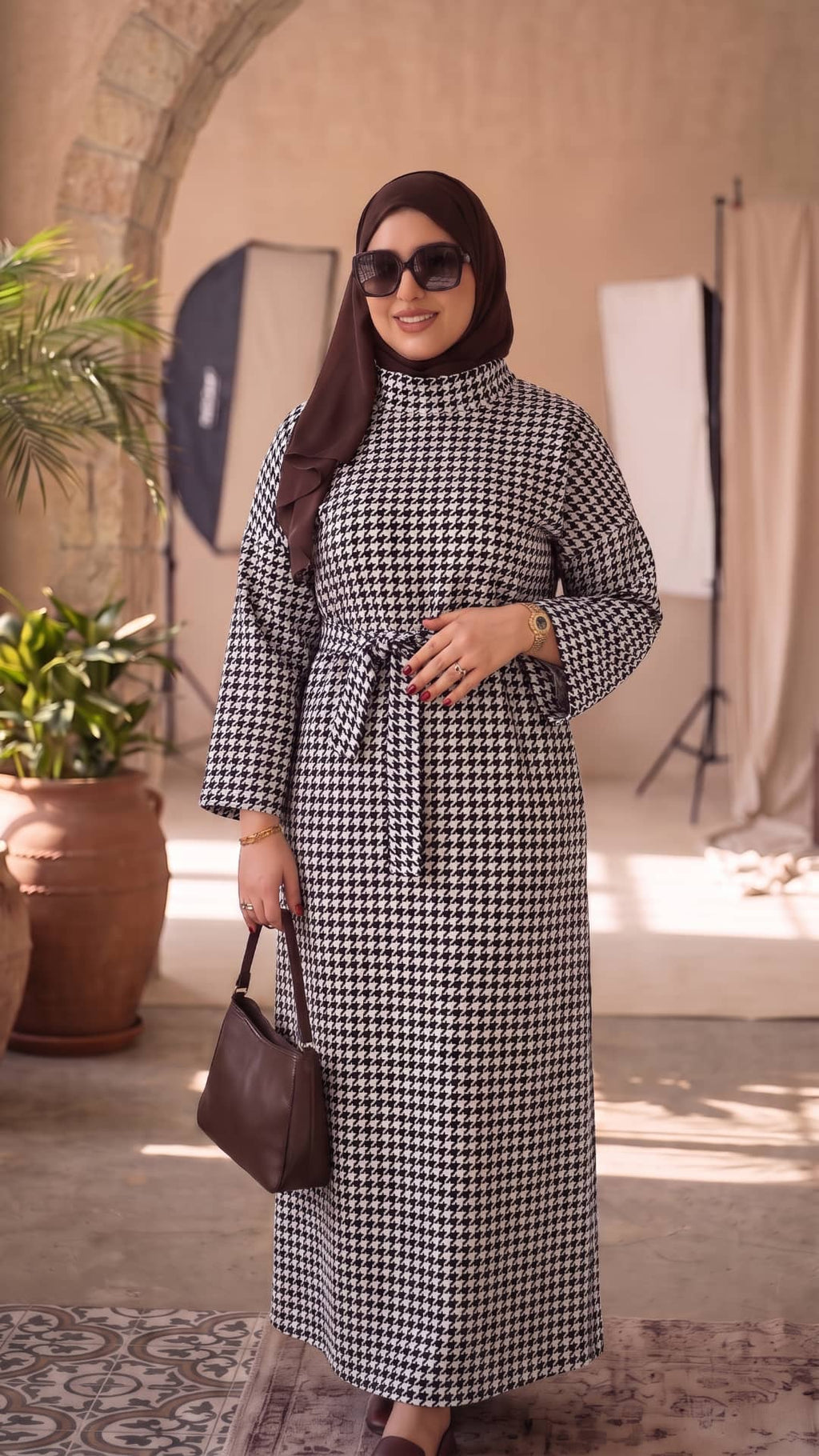 Robe Longue Flanelle Pied-de-Poule avec Ceinture